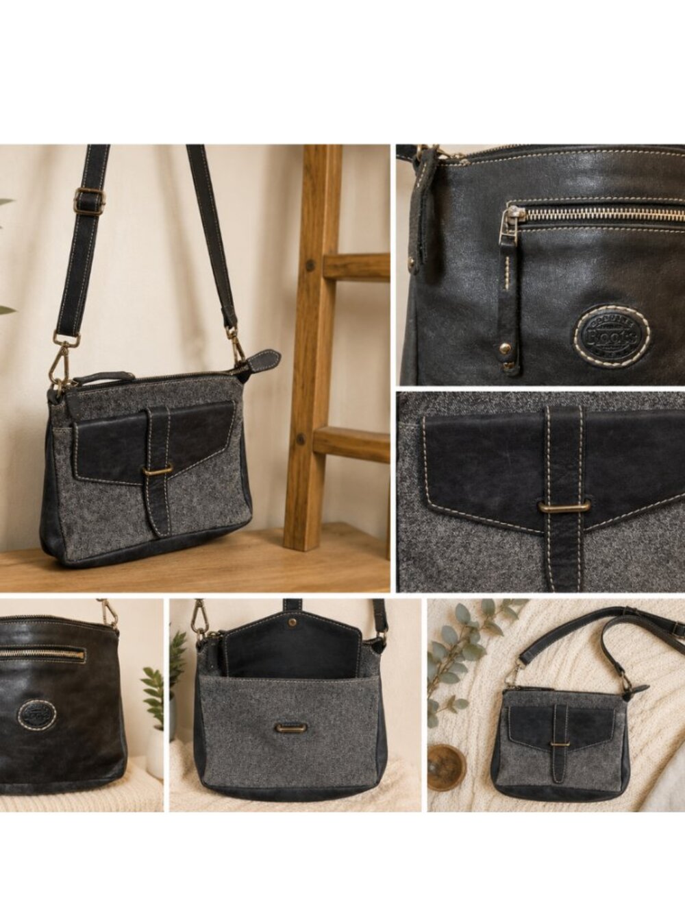 ROOTS CANADA LEATHER CROSSBODY 2 TONE GREY BAG